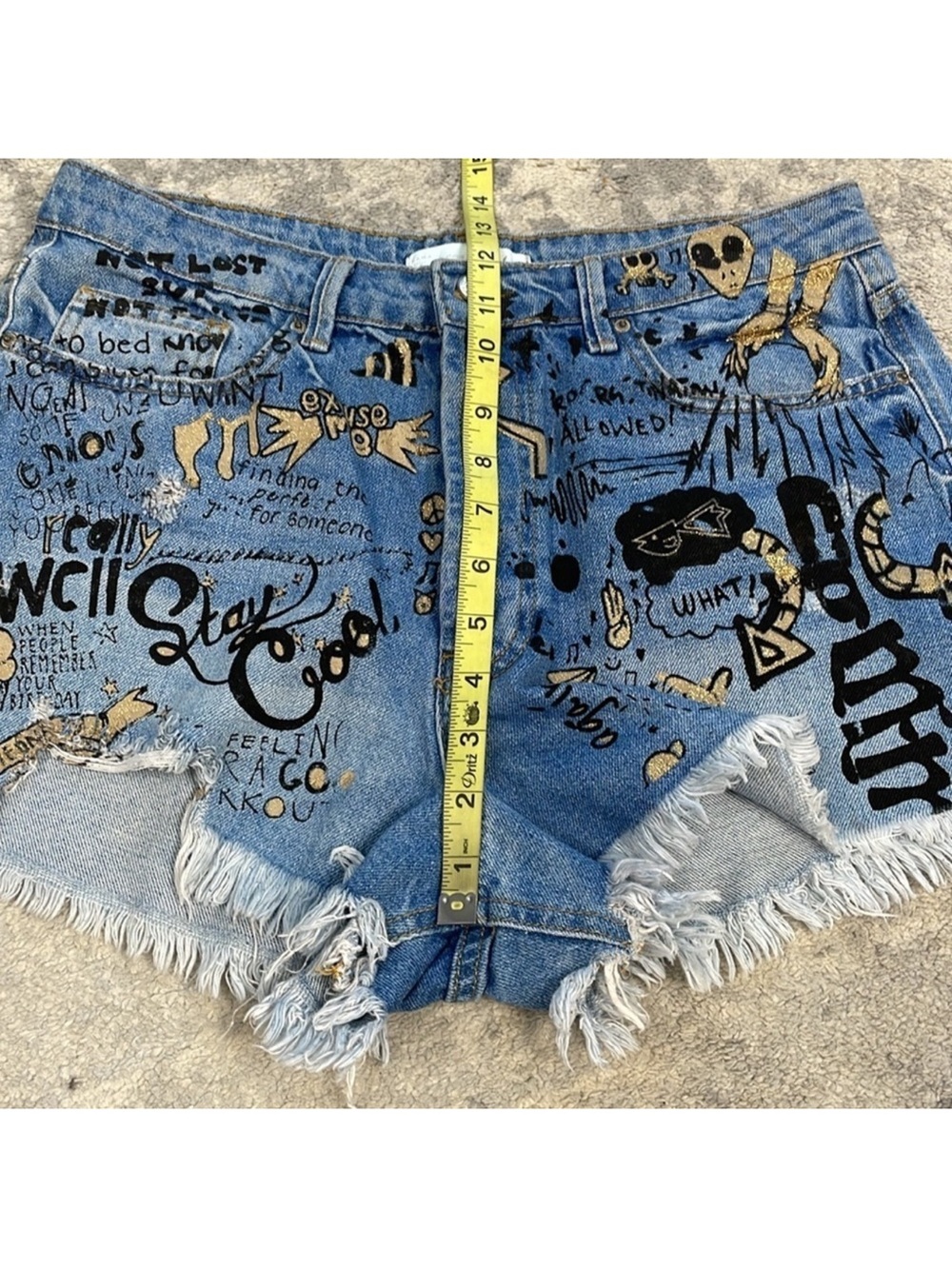 Zara Blue Denim Graffiti Jean Shorts with Black & Gold Accents - Picture 8 of 9